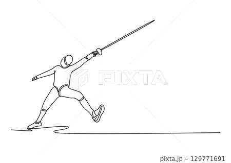 Continuous line drawing professional fencer mid-lunge in a powerful attack. Symbolizing dynamic action, sports, precision, and aggressive strategy. Single line draw design vector graphic illustration 129771691