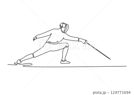 Continuous line drawing attractive fencer at full extension in lunge. Symbolizing power, active, speed, and the precision required for strike. Dynamic one line draw graphic design vector illustration 129771694
