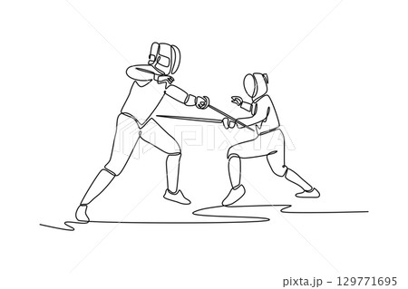 One line drawing features duel between two fencers, representing the sharp contrast between an aggressive attack and poised, strategic defense. Continuous line draw design graphic vector illustration 129771695