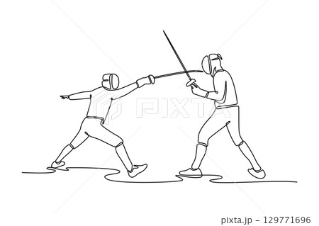 Single line drawing two fencers are in tense standoff with their foils. Symbolizing strategic combat, discipline, and the thrill of competition. Continuous line draw design graphic vector illustration Single line drawing two fencers are in tense standoff with their foils. Symbolizing strategic combat, discipline, and the thrill of competition. Continuous line draw design graphic vector illustration 129771696