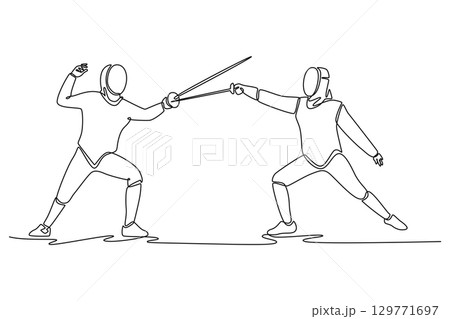 Continuous line drawing attractive dynamic clash between two humans with foils. Embodying the strategic elegance and skill of a competitive sport. Single line draw design vector graphic illustration Continuous line drawing attractive dynamic clash between two humans with foils. Embodying the strategic elegance and skill of a competitive sport. Single line draw design vector graphic illustration 129771697