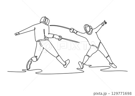 Single line drawing professional two fencers in a dynamic lunge and parry. Symbolizing the elegant movement and strategic skill of sport. Modern continuous line draw design graphic vector illustration Single line drawing professional two fencers in a dynamic lunge and parry. Symbolizing the elegant movement and strategic skill of sport. Modern continuous line draw design graphic vector illustration 129771698
