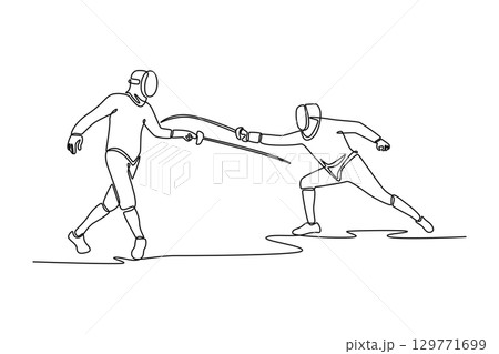 Single line drawing of features duel between two fencers, representing strategic challenge and the elegant balance of attack and defense. Modern continuous line draw design graphic vector illustration 129771699