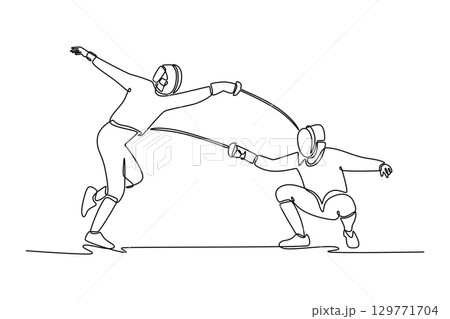 One line drawing features two fencers mid-duel, representing sharp contrast between an aggressive attack and a poised, strategic defense. Modern continuous line draw design graphic vector illustration 129771704