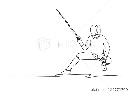 One line drawing attractive fencer doing mid-lunge with foil. Symbolizing the skill, action, speed, and precision required in the sport. Modern continuous line draw design graphic vector illustration 129771709