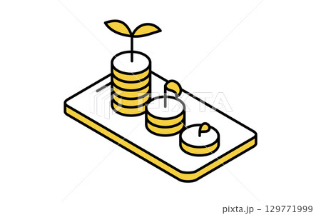 スマホと積立投資で資産が増えるイメージのフィンテックアイコン 129771999