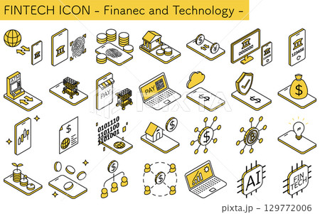 フィンテックアイコン、金融と技術のアイソメトリックイラストアイコンセット 129772006