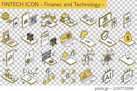 フィンテックアイコン、金融と技術のアイソメトリックイラストアイコンセット 129772006