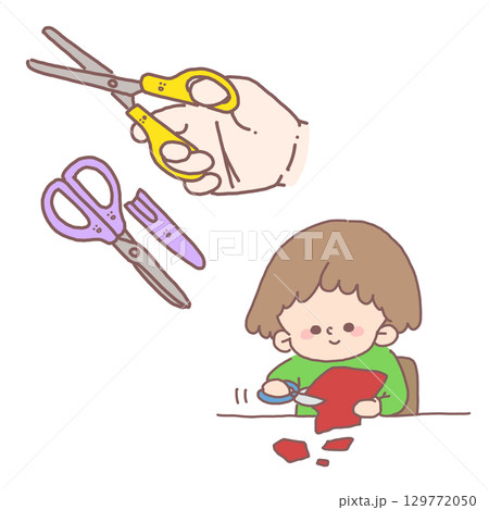 ハサミを使って上手に画用紙を切っている子どものイラスト ハサミを使って上手に画用紙を切っている子どものイラスト 129772050