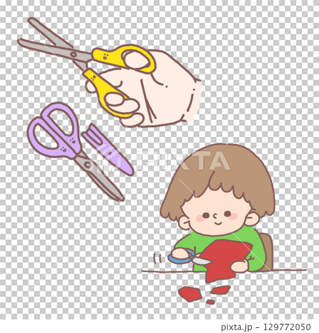 孩子熟練地用剪刀剪建築紙的插圖 129772050