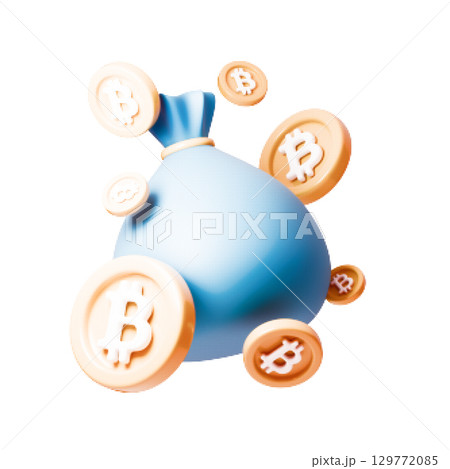 Vector illustration of a blue money bag with flying bitcoin coins and halftone texture. Symbol of cryptocurrency wealth, digital savings, and financial success. Isolated on white background. 129772085
