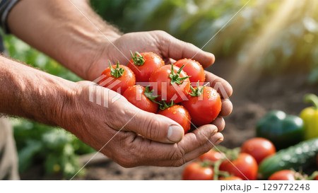Farmer holding a handful of freshly harvested red tomatoes with water drops in a sunlit vegetable garden 129772248
