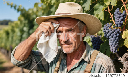 Older male farmer wiping sweat in a vineyard with ripe purple grape clusters hanging on vines under the summer sun 129772249