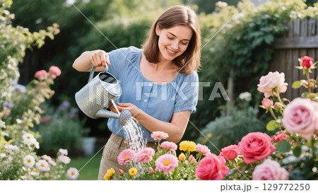 Smiling young woman watering blooming flowers with a metal watering can in a colorful summer garden during a sunny day 129772250