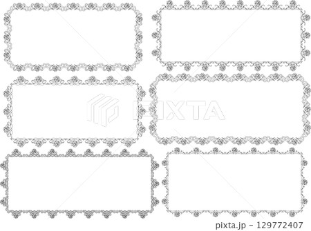 ビンテージカリグラフィ風フレーム素材163<飾り罫・飾り枠・花・薔薇・モノクロ線画・横位置> ビンテージカリグラフィ風フレーム素材163<飾り罫・飾り枠・花・薔薇・モノクロ線画・横位置> 129772407