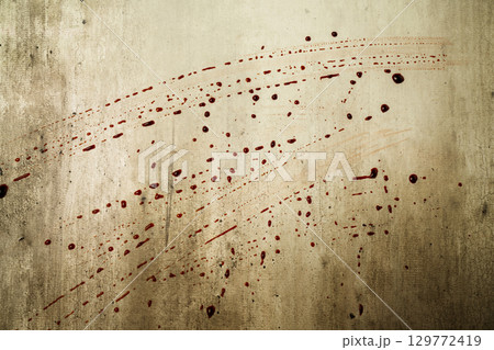 Splatters of blood drops, blood splashes, or blood spots on the wall. Concept of Halloween 129772419