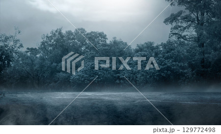 Field of grass with trees and moonlight in the background. The sky is cloudy and dark. Dramatic smoke or fog effect. Mockup. Copy Space. Wallpaper or Halloween background 129772498