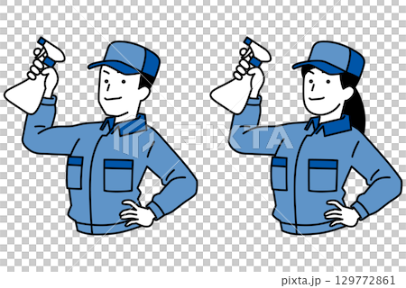 スプレー洗剤を構える清掃業者の男女　セット 129772861