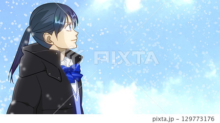 静かに降る雪、高校生または中学生の女の子のアニメ風イラスト、右に余白 129773176