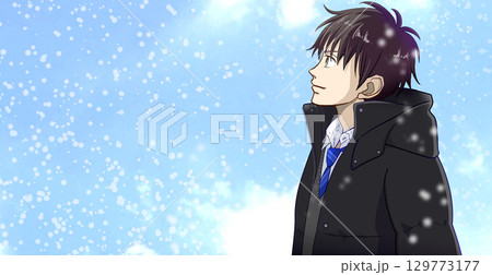 静かに降る雪、高校生または中学生の男子のアニメ風イラスト、左に余白 静かに降る雪、高校生または中学生の男子のアニメ風イラスト、左に余白 129773177