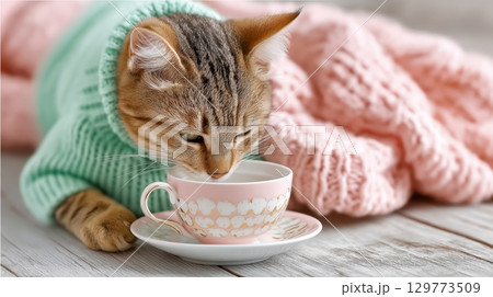 Cozy tabby cat in sweater enjoying tea near pink blanket on wooden floor. 129773509
