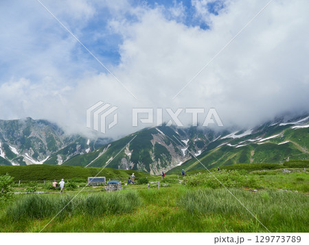 夏の観光名所立山黒部アルペンルートの室堂山頂の風景と人々の観光客の姿 夏の観光名所立山黒部アルペンルートの室堂山頂の風景と人々の観光客の姿 129773789