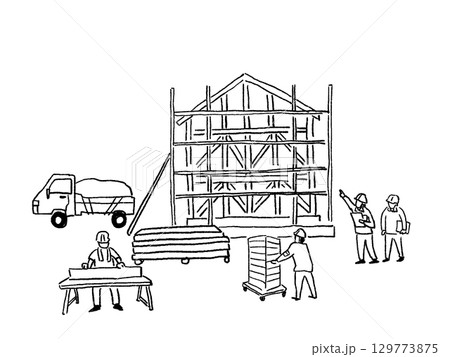 家を建てる、大工、ハウスメーカー、建築士、線画 家を建てる、大工、ハウスメーカー、建築士、線画 129773875