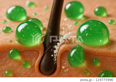 Detailed view of hair follicle in skin with green serum droplets for scalp treatment 129773996