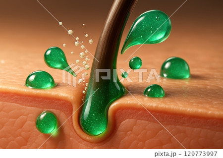 Detailed 3D illustration of hair follicle and skin absorbing green liquid treatment Detailed 3D illustration of hair follicle and skin absorbing green liquid treatment 129773997