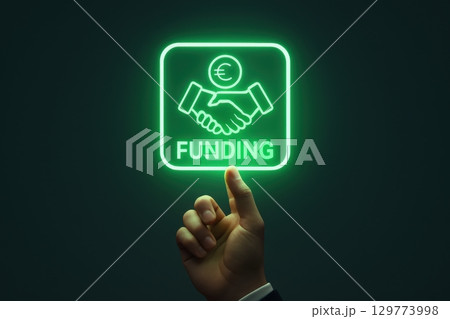 Businessman hand touching glowing green funding icon for investment and growth Businessman hand touching glowing green funding icon for investment and growth 129773998