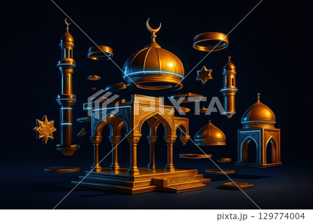Futuristic golden mosque elements deconstructed with glowing blue neon lights 129774004
