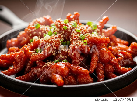 A Close Up of Steaming Spicy Korean Chicken Feet in a Skillet 129774061