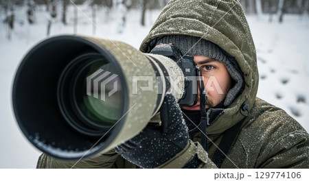 Male wildlife photographer in winter gear using telephoto lens in snowy forest Male wildlife photographer in winter gear using telephoto lens in snowy forest 129774106