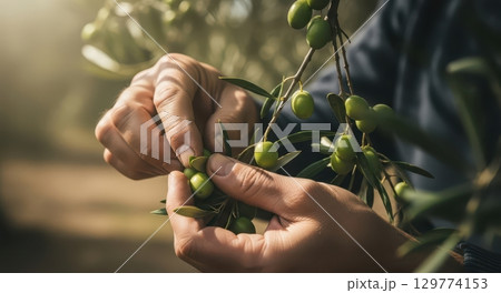 Close up of hands gently picking fresh green olives from a branch in an olive grove 129774153