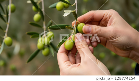 Hands gently picking fresh green olives from a branch in an olive grove Hands gently picking fresh green olives from a branch in an olive grove 129774154
