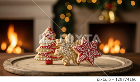 Decorated christmas tree, snowflake, and star sugar cookies by cozy fireplace Decorated christmas tree, snowflake, and star sugar cookies by cozy fireplace 129774160