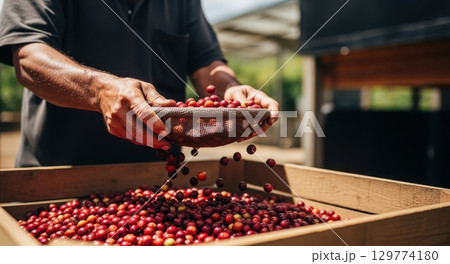 Farmer hands sifting freshly harvested red coffee cherries into a crate 129774180