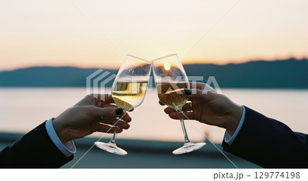 Elegant champagne toast at sunset, two hands clinking glasses with bubbles over water 129774198