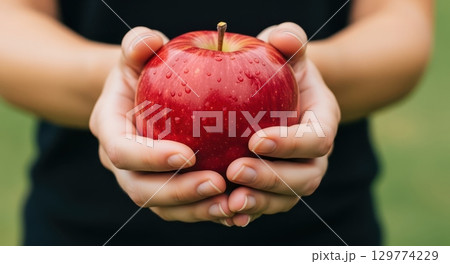 Hands presenting a crisp red apple covered in water droplets, healthy lifestyle. Hands presenting a crisp red apple covered in water droplets, healthy lifestyle. 129774229