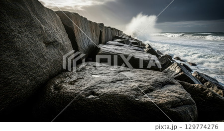 Rugged stone seawall with powerful ocean waves crashing against large boulders 129774276