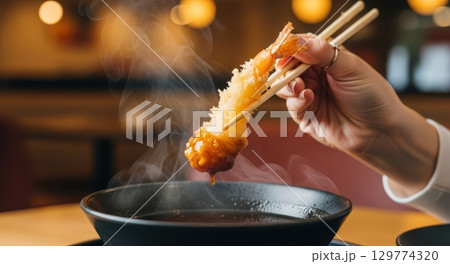 Woman hand dipping crispy tempura shrimp with chopsticks into hot sauce, steam rising Woman hand dipping crispy tempura shrimp with chopsticks into hot sauce, steam rising 129774320