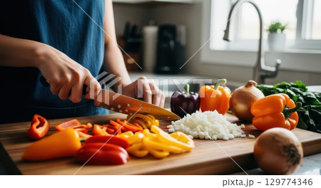 Hands chopping colorful bell peppers and onions on a wooden cutting board in a kitchen 129774346