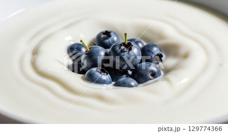 Fresh blueberries gently submerged into creamy white yogurt with soft ripples Fresh blueberries gently submerged into creamy white yogurt with soft ripples 129774366