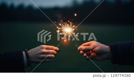 Two hands holding burning sparklers at night, symbolizing celebration and joy Two hands holding burning sparklers at night, symbolizing celebration and joy 129774380