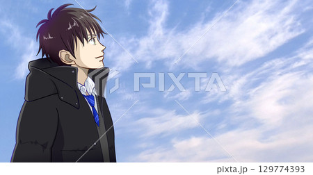 冬空を見上げる高校生または中学生の男子のアニメ風イラスト、右に余白 冬空を見上げる高校生または中学生の男子のアニメ風イラスト、右に余白 129774393