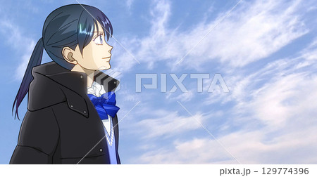 冬空を見上げる高校生または中学生の女の子のアニメ風イラスト、右に余白 冬空を見上げる高校生または中学生の女の子のアニメ風イラスト、右に余白 129774396