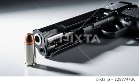 Black semi automatic handgun with open slide and bullet on white surface 129774436