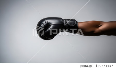 Powerful dark skinned arm wearing a sleek black boxing glove extended horizontally 129774437