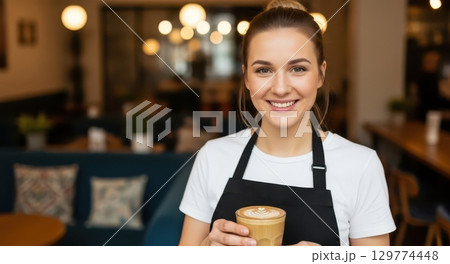 Friendly female barista in a black apron smiling and holding a coffee latte in a cafe 129774448