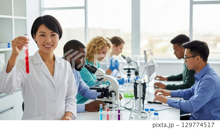 Diverse scientists working in a modern laboratory, with a smiling woman holding a test tube 129774517